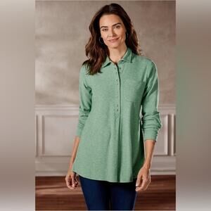 Soft Surroundings Take It Easy Green Tunic Button Up Soft Collared Cuffed Sleeve